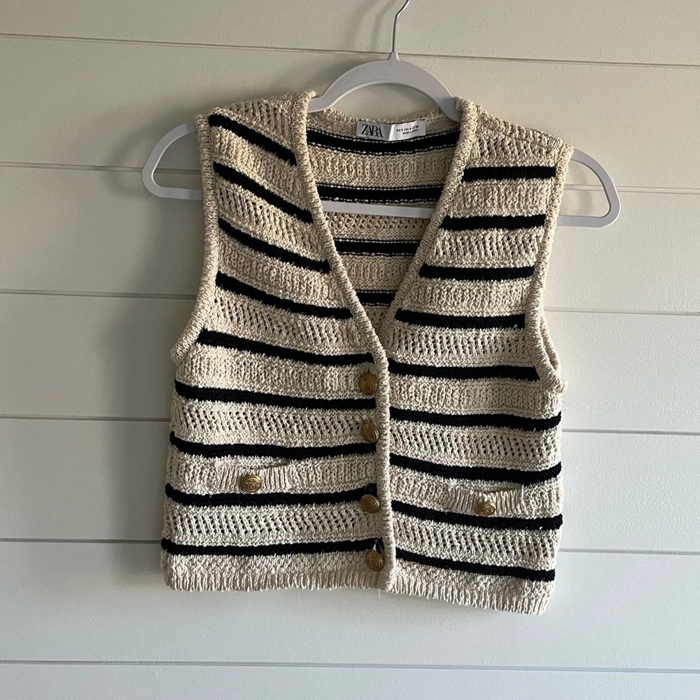 Zara Black and Cream Striped Cardigan Vest Small - Picture 2 of 4